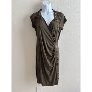 Carmen Marc Valvo Olive Faux Leather Gold Grommets Wrap Dress Large